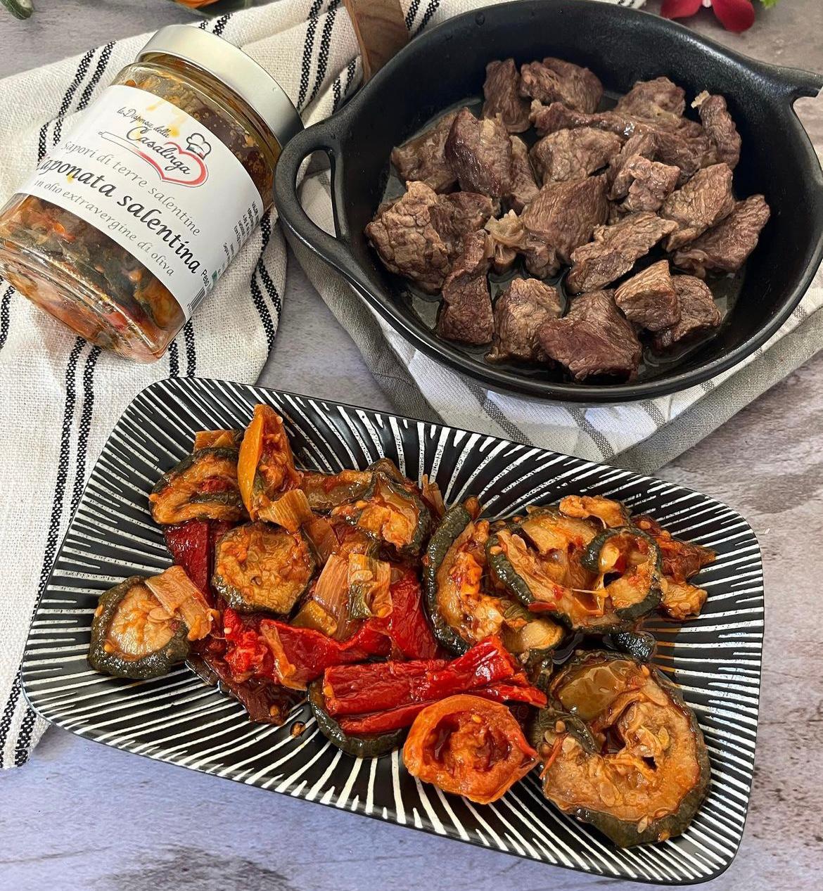 Bocconcini di manzo al mango con caponata salentina e curry
